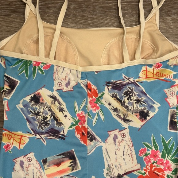 VTG 90s Hawaii Postcard Print One Piece Swimsuit Blue Tropical Floral Small - Picture 6 of 12